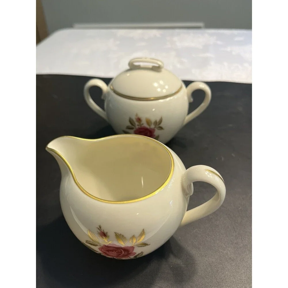 Vintage Lenox Roselyn Floral Pink Rose Gold Trim Creamer & Sugar Bowl w/ Lid